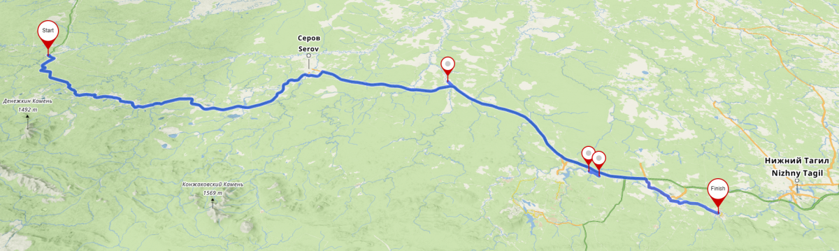 Here is a map of 4 days ride from Ivdel to Baranchinsky. Total: 370 km.